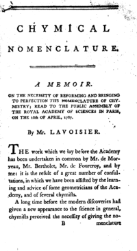 Première page de la "Chymical Nomenclature" de Lavoisier en anglais