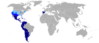 Carte montrant les pays et régions où l'espagnol est parlé sans avoir de reconnaissance officielle