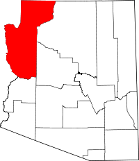 Carte indiquant la situation du comté de Mohave (en rouge) dans l'État de l'Arizona