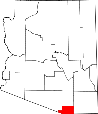 Carte indiquant la situation du comté de Santa Cruz (en rouge) dans l'État de l'Arizona