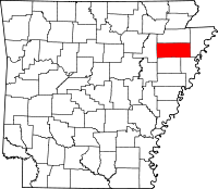 Localisation du comté de Poinsett (en rouge) dans l'Arkansas