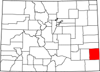 Carte situant le comté de Prowers (en rouge) dans l'État du Colorado