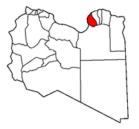 Localisation de la chabiyah de Benghazi (en rouge) à l'intérieur de la Libye