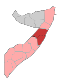 Localisation de la province de Mudug (en rouge) à l'intérieur de la Somalie