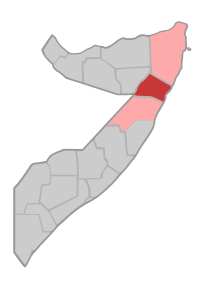 Localisation de la province de Nugaal (en rouge) à l'intérieur de la Somalie