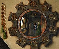 Les Époux Arnolfini par Jan Van Eyck en 1434 : vue d'ensemble et détail du miroir