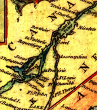 Détail d'une carte de 1759 montrant le Fort Saint-John, Trois-Rivières et Sorel