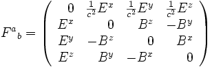 F^a{}_b = \left(\begin{array}{rrrr}
0 & \frac{1}{c^2} E^x & \frac{1}{c^2} E^y & \frac{1}{c^2} E^z \\
E^x & 0 & B^z & - B^y \\
E^y & - B^z & 0 & B^x \\
E^z & B^y & - B^x & 0
\end{array}\right)