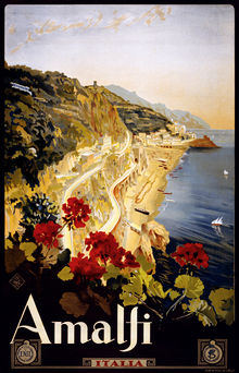 Reproduction d'une affiche  du début du Modèle:S-XX publiée par un organisme de tourisme italien représentant la baie d'Amalfi