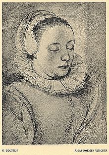 Reproduction d’un portrait d’une fille, dessiné par Hendrick Goltzius, illustrant que, pour longtemps bien que sans arguments solides[1], ce portrait fut considéré comme représentant Anna Visscher