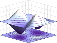 Projection tridimensionnelle d'une figure à deux dimensions. Il y a deux collines symétriques par rapport à un axe, et des puits symétriques le long de cet axe, se reliant selon une forme de selle