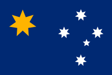 Propositions : 2/3. Étoile de la fédération jaune dans le canton, avec cinq étoiles blanches formant la Croix du Sud à droite, sur fond bleu