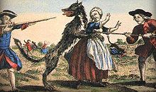 Image d’Épinal représentant un loup attaquant une paysanne attaquée par un loup et défendue par des soldats armés de fusils