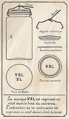 Le schéma montre le bocal fermé, le détail de l’agrafe et du couvercle, ainsi que le graphisme du logo de la marque VSL.