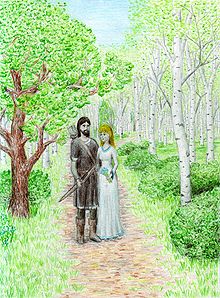 dessin au crayon de couleur, des arbres verts et un chemin au centre, où un homme brun vêtu d'une tunique noire donne la main à une femme blonde en robe blanche et bleue