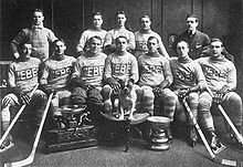 Photographie de l'équipe de bulldogs de Québec qui pose sur deux rangs derrière deux trophées et avec un bouledogue.