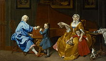 Tableau de Marcus Tuscher, vers 1742, montrant le célèbre facteur anglais Burkat Shudi entouré de sa femme et de leurs deux fils, procédant à l'accordage d'un de ses clavecins. (Londres, National Portrait Gallery)