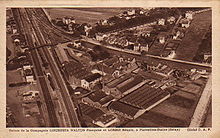 Vue aérienne de la gare (à gauche) et du raccordement de la Grande Ceinture, dans les années 1930