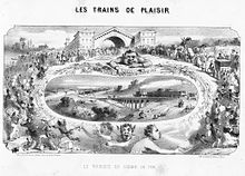 Les trains de plaisir, le touriste en chemin de fer. Gravure du XIXe siècle.