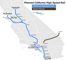 Carte figurant le tracé prévu du California High-Speed Rail