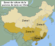 Carte de la république populaire de Chine illustrant les quatre zones de culture de la pomme de terre.