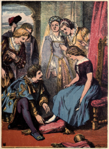 Image d'Épinal montrant un prince essayant une chaussure à une humble jeune fille