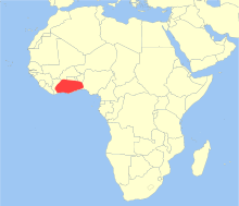 Carte de l'Afrique avec une zone rouge tout au sud de l'Afrique de l'Ouest