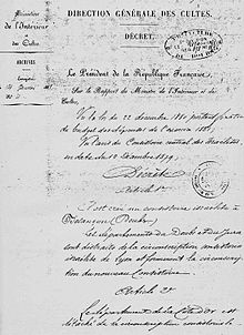 Décret du Ministère de l'Intérieur et des Cultes, accordant la création d'un consistoire Juif à Besançon et sa région, indépendamment de Lyon ou Nancy.