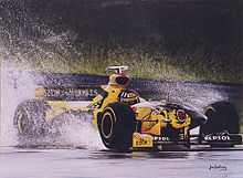 Peinture à l'huile de Janet Farthing représentant la dernière victoire de Damon Hill en Formule 1, sous le déluge de Spa en 1998