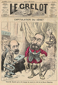 Caricature parue le 1er mars 1896 - Charles Demôle et Philippe Le Royer remettent la clef du Sénat au chef du gouvernement Léon Bourgeois (allusion à l'oeuvre de Rodin Les bourgeois de Calais, inaugurée le 8 juin 1895)