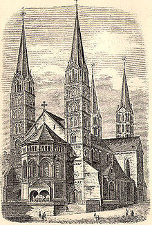 Gravure de la cathédrale impériale de Bamberg par Joseph Kürschner, 1891. Deux clochers apparaissent au premier plan.