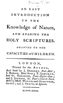 Il est écrit sur la page "An Easy Introduction to the Knowledge of Nature, and Reading the Holy Scriptures. Adapted to the Capacities of Children."