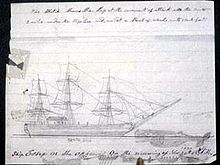 Photographie d'un dessin d'un carnet de voyage représentant un trois-mâts sur l'eau, face à un cachalot.