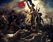Des hommes armés de pistolets menés par une femme à moitié nue tenant un drapeau français. Ils marchent sur des cadavres. Le tableau a une structure en triangle avec la femme au centre. Les cadavres forment la base du triangle.