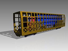 Ce dessin informatique montre la structure d'un wagon chargé d'un camion.