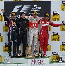Photo du podium : Jenson Button devance Sebastian Vettel et Fernando Alonso.