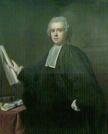 La peinture montre un avocat en robe noire et perruque blanche, le poing gauche sur la hanche et un rouleau de papiers dans la main droite.