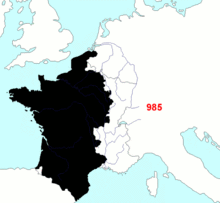Carte animée montrant l’évolution du territoire français métropolitain de 985 à 1947.