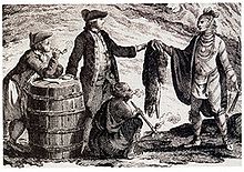 Gravure représentant la traite des fourrures entre Occidentaux et Amérindiens au Canada en 1777.