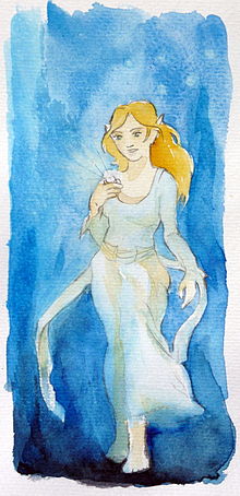 dessin de Galadriel, jeune femme blonde portant une robe blanche et un anneau au doigt