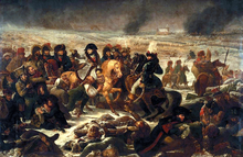  Napoléon à cheval au centre, entouré de cavaliers. À terre des cadavres et des prisonniers implorant