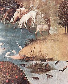 Le tableau montre différents animaux qui boivent côté à cote, dont une licorne blanche qui touche l'eau de la pointe de sa corne