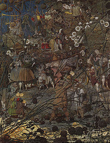 La peinture montre plusieurs petits êtres en habits d'apparat qui se tiennent au milieu de plantes.