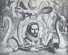 Portrait gravé de Jan Jansz. Starter comme poète de lyrique amoureuse, par Jan van de Velde le Jeune (vers 1593-1641).  Les cygnes, écartant Cupidon de l'île des chiens (L'Angleterre), symbolisent l'auteur ; illustration dans : Friesche Lust-hof, de 1621