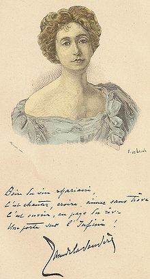 Jane de la Vaudère d'après une gravure publicitaire d'E. de Lauda pour le vin Mariani.