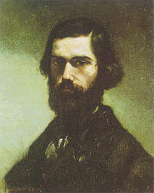 Peinture, Jules Vallès jeune est vêtu de noir, porte des cheveux mi-longs, une barbe épaisse et une moustache noirs également.