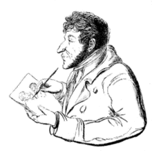 Caricature d'Hoffman de sa main, en noir et blanc. Hoffman est vu de profil, il semble endormi et il dessine à l'aide d'un pinceau sur un petit carnet qu'il tient.