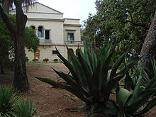 Façade principale du Plantier avec au premier plan des agaves ferox et le tronc d'un pin d'Halep.
