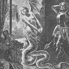 À la gauche du dessin, une femme ailée et possédant une queue de serpent se tient debout en présence d'un homme barbu en armure. Les deux semblent étonnés de l'allure de l'autre.