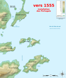 Carte topographique de Macao montrant les gains de territoires sur la mer entre 1555 et 2010.